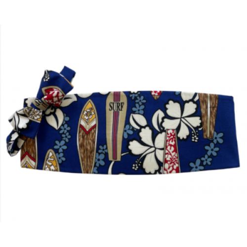 Vintage Hawaiian Surf Boards and Flowers Cummerbund and Bow Tie Set (Blue Background)